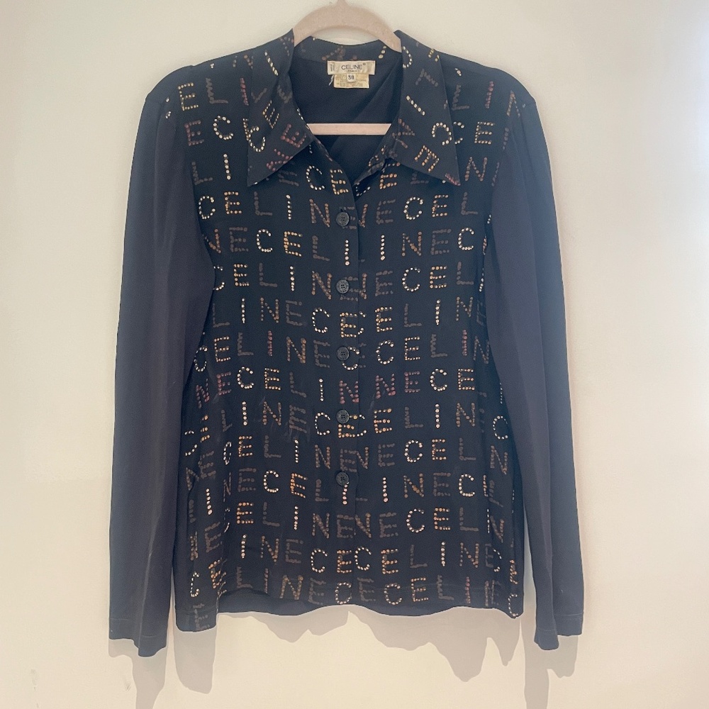 Vintage Celine Paris All Over Logo Button Up Shirt, EU 38, US 6, Medium